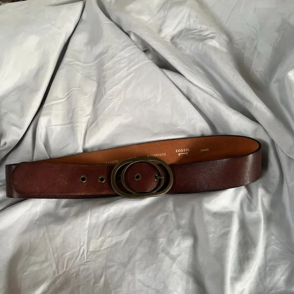 FOSSIL Antiqued Brass Double Ring Buckle LEATHER BELT Small